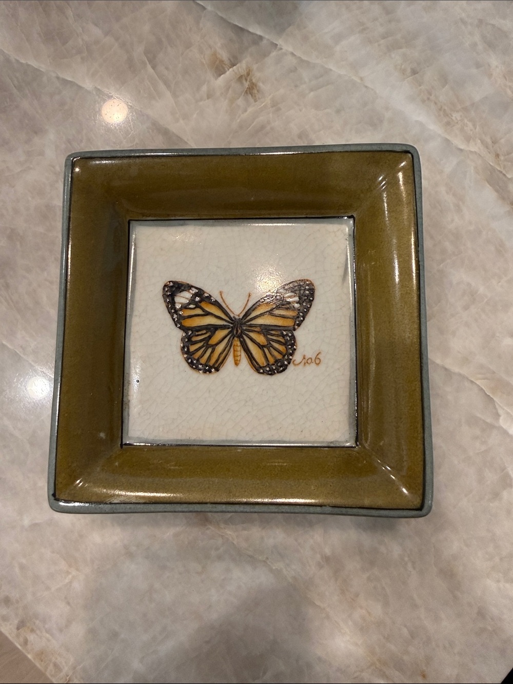 Butterfly Ceramic Trinket Dish / Coasters - Olive Green and Cream